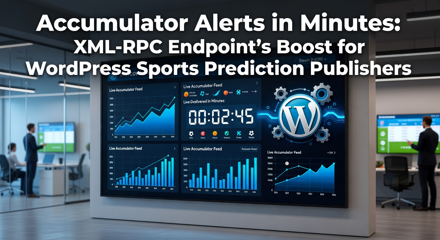 Illustration of a WordPress dashboard displaying real-time accumulator alerts via XML-RPC integration, with clocks showing updates in minutes