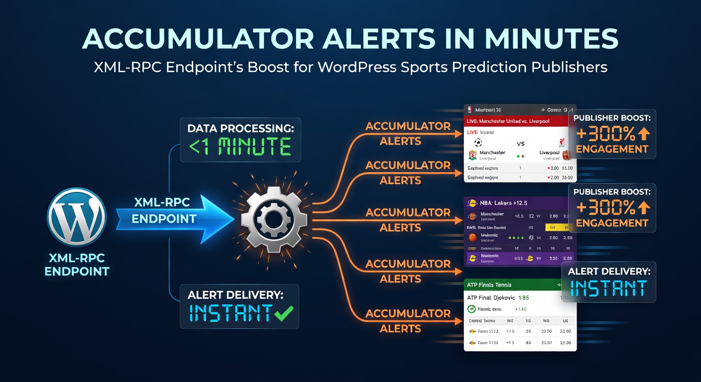 Screenshot of XML-RPC configuration in a WordPress sports prediction site, showing successful accumulator post deployment with timestamp under two minutes