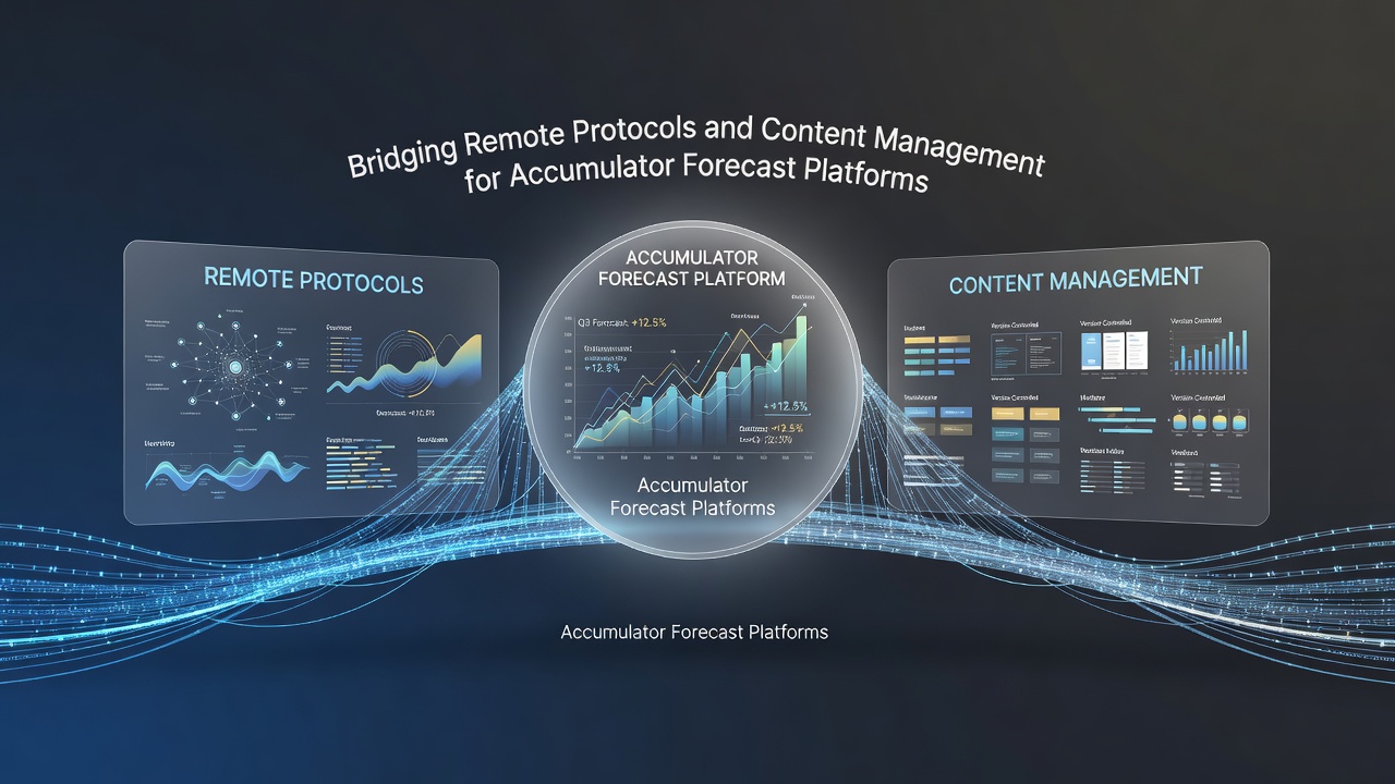 Illustration of remote protocol connections linking data servers to content management interfaces for accumulator forecast platforms