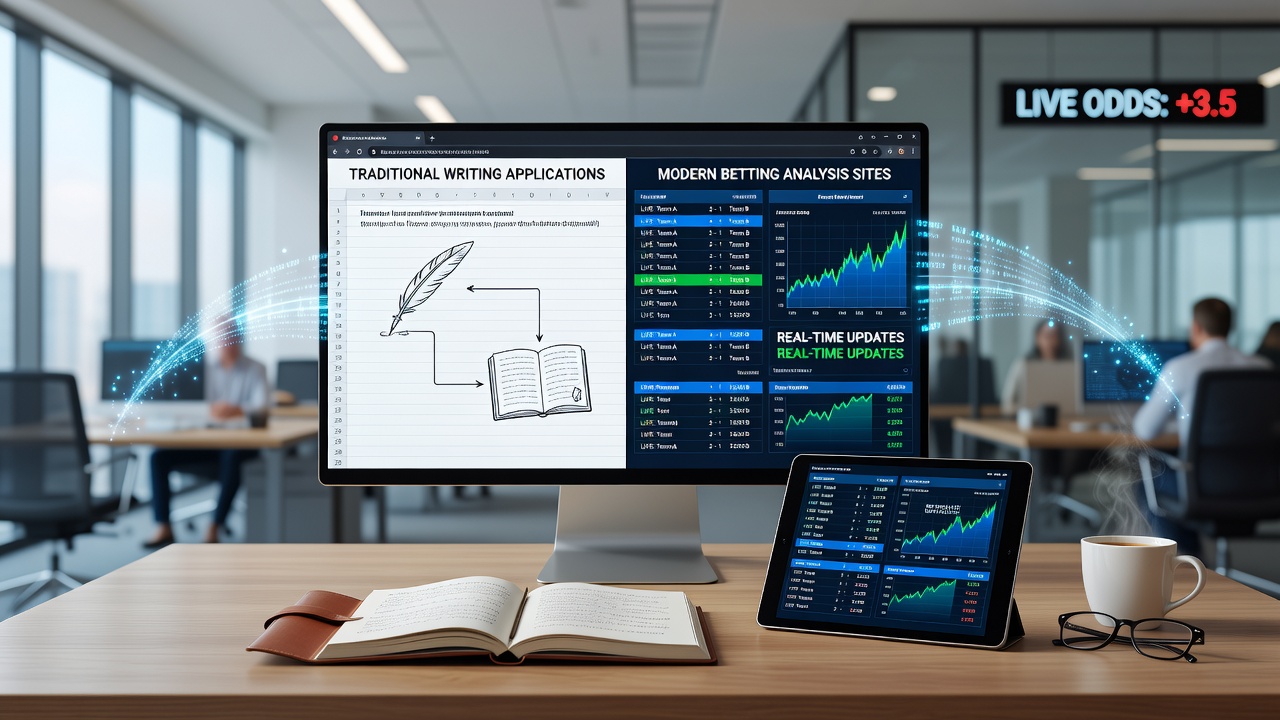 Desktop writing application interface connected to live betting data feeds on a modern analysis platform