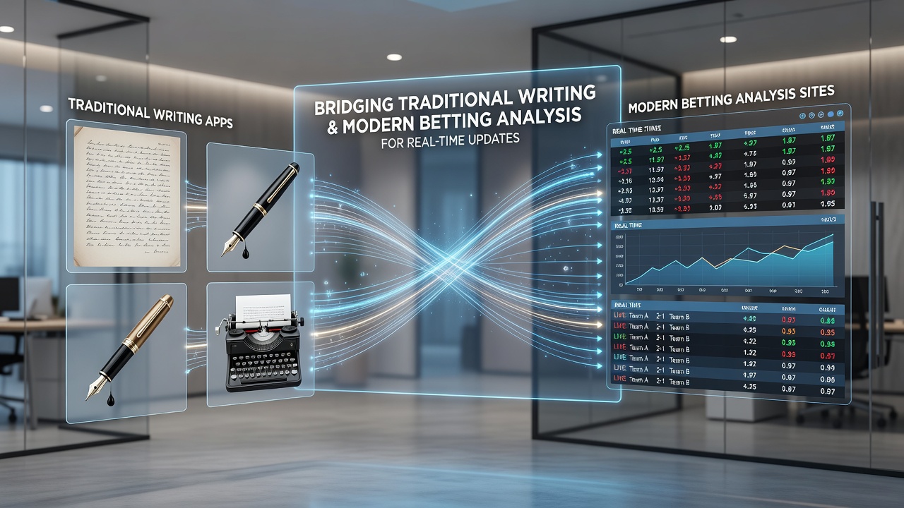 Writer reviewing real-time betting analytics integrated into a traditional desktop document