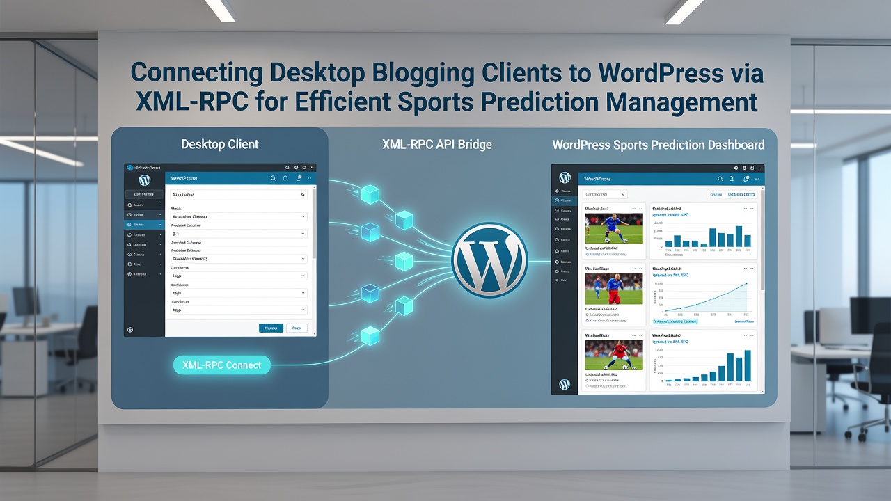 Workflow diagram showing XML-RPC data flow from desktop client to WordPress sports prediction database