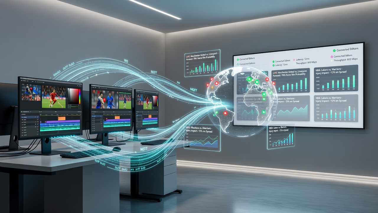 Desktop editor interface displaying live sports forecast data streams connected through protocol layers