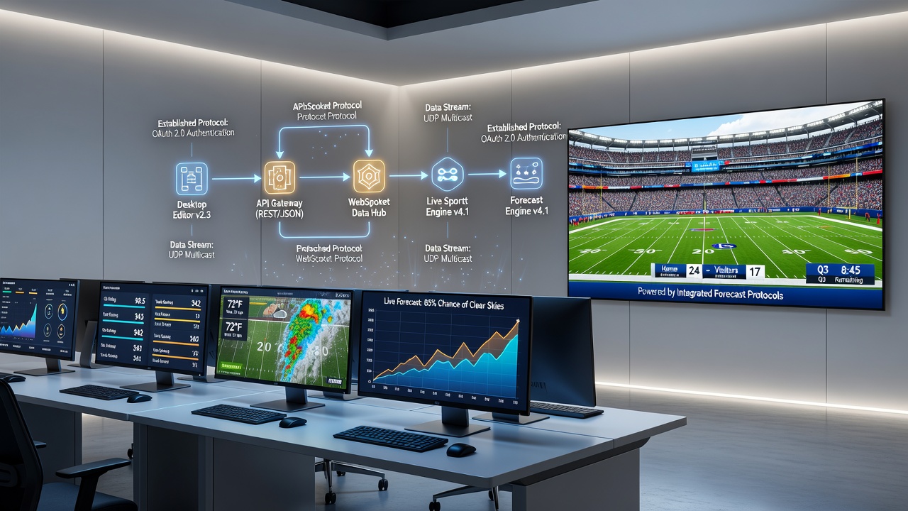 Data flow diagram showing desktop editor linked to sports forecast API endpoints via multiple protocols