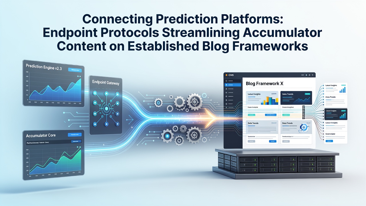 Illustration of prediction platform endpoints connecting to blog frameworks for accumulator content distribution