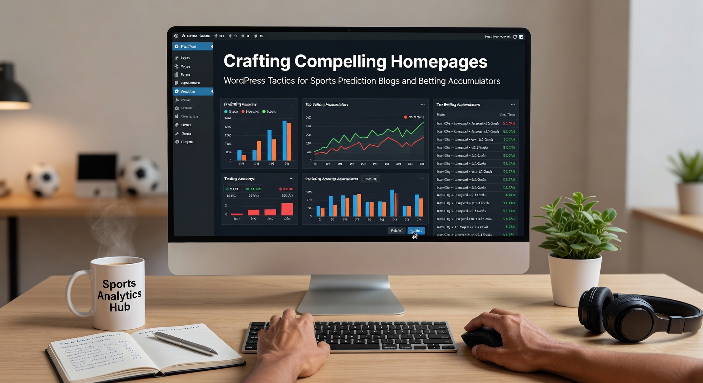 Dynamic WordPress homepage showcasing live sports predictions and accumulator bets with bold visuals and quick navigation