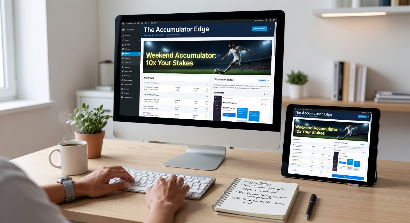 WordPress dashboard interface demonstrating homepage customization with Elementor blocks for sports betting previews and accumulator builders