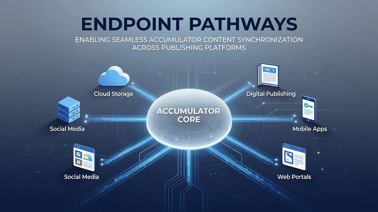 Diagram illustrating endpoint connections between multiple publishing platforms for accumulator content synchronization
