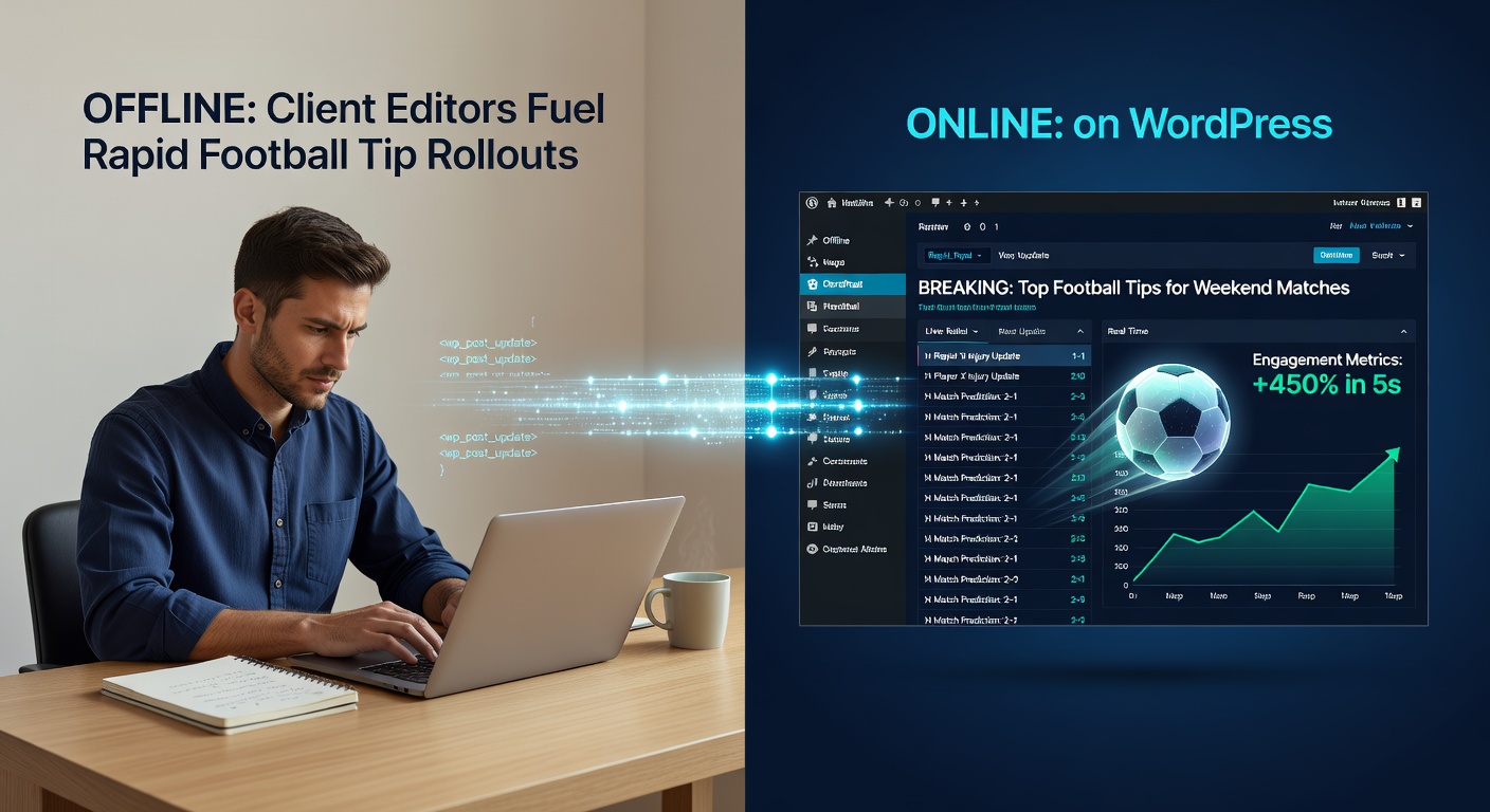 Screenshot of a desktop client editor interface connected to WordPress, showing a draft football tip post ready for instant publishing