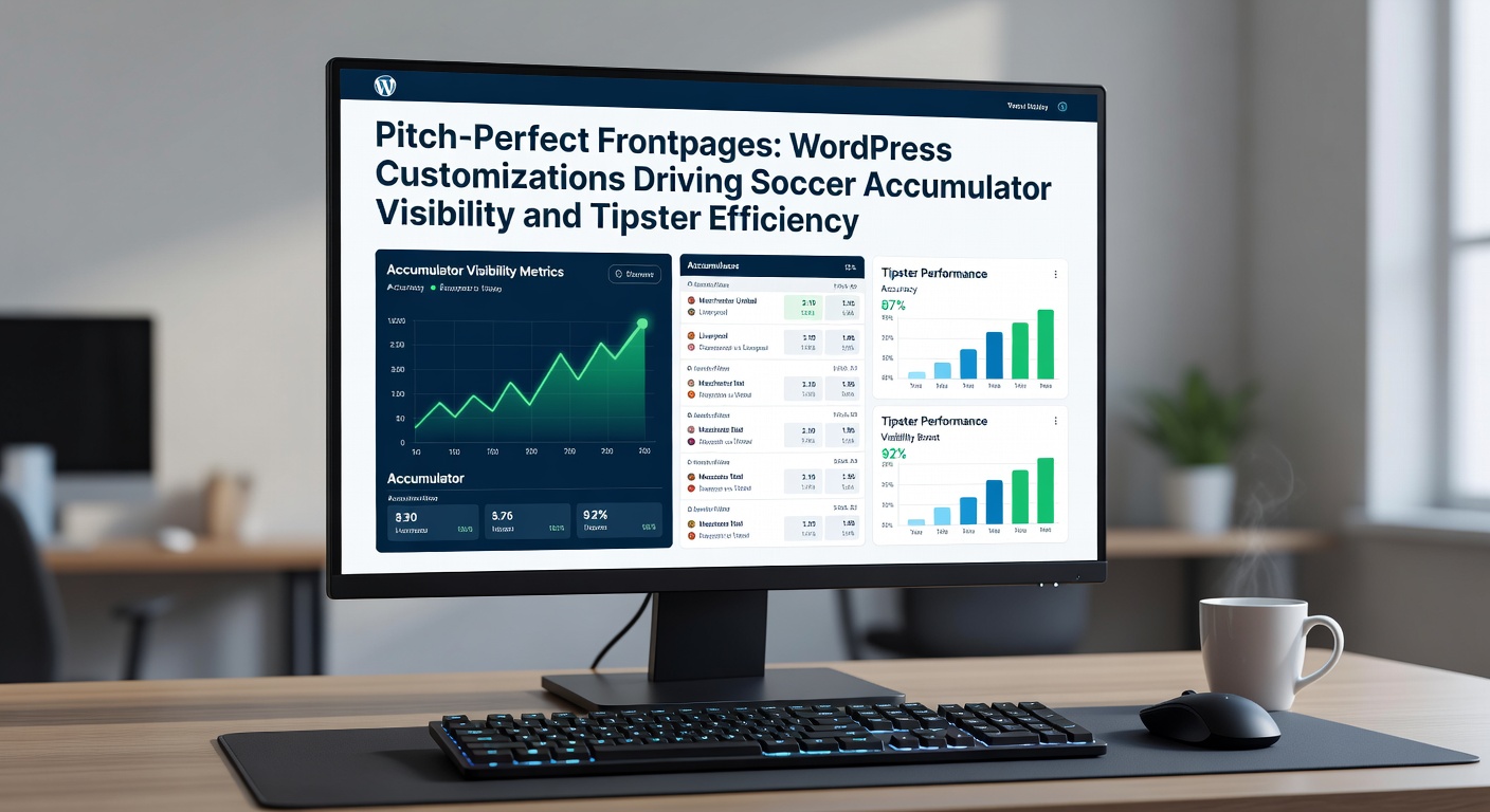 WordPress dashboard displaying customized frontpage for soccer accumulator tips, featuring dynamic odds widgets and featured bet slips