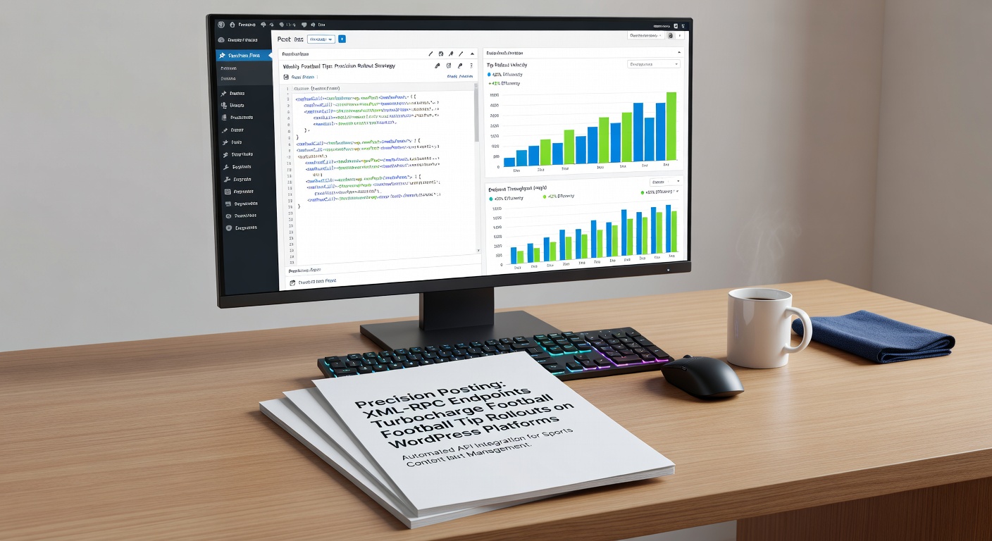 Screenshot of a desktop editor interface connected to WordPress via XML-RPC, displaying a football tip post in draft form