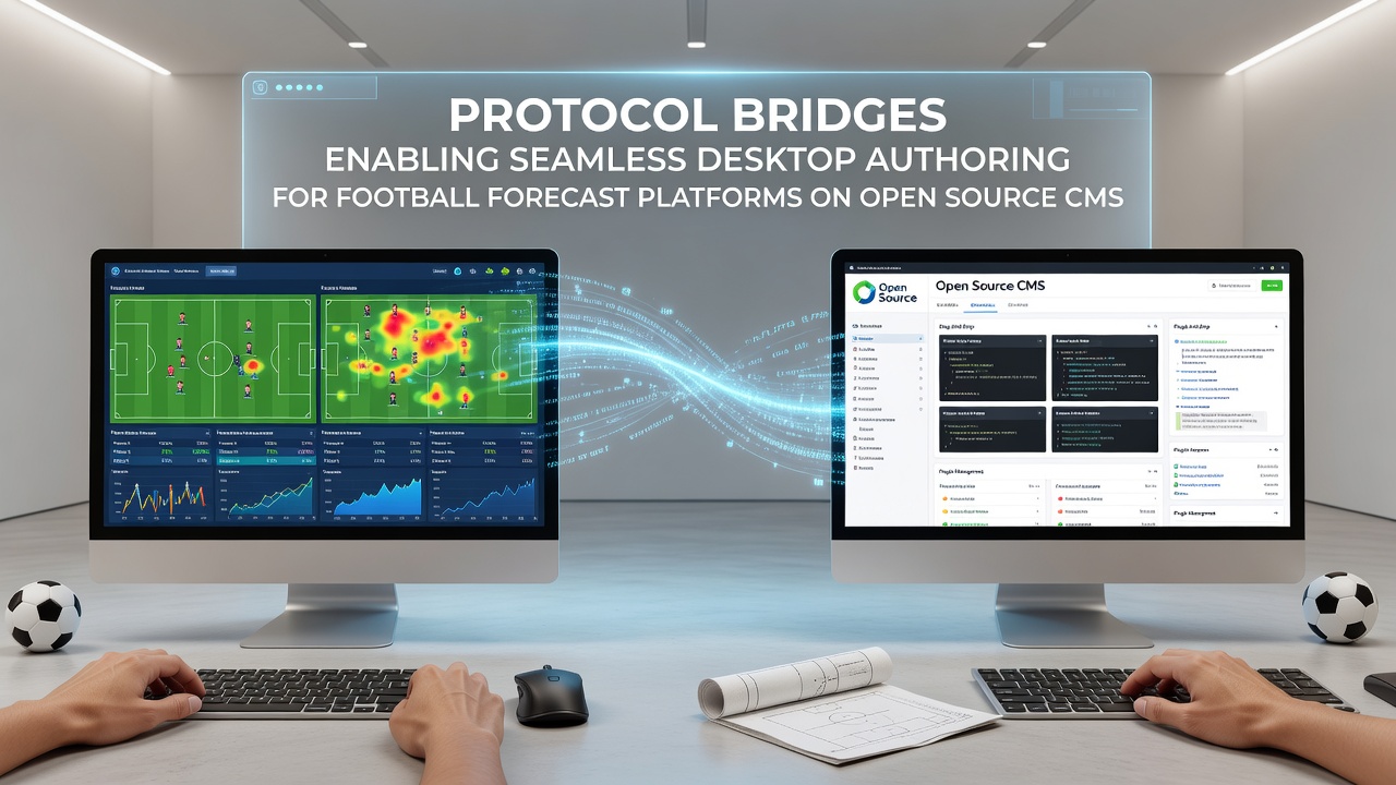 Desktop interface showing protocol bridge connections to an open source CMS dashboard for content management