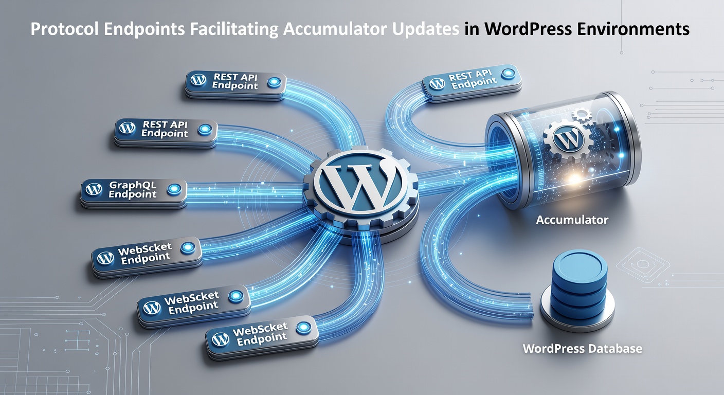 Diagram showing protocol endpoint connections between desktop tools and WordPress accumulator management systems
