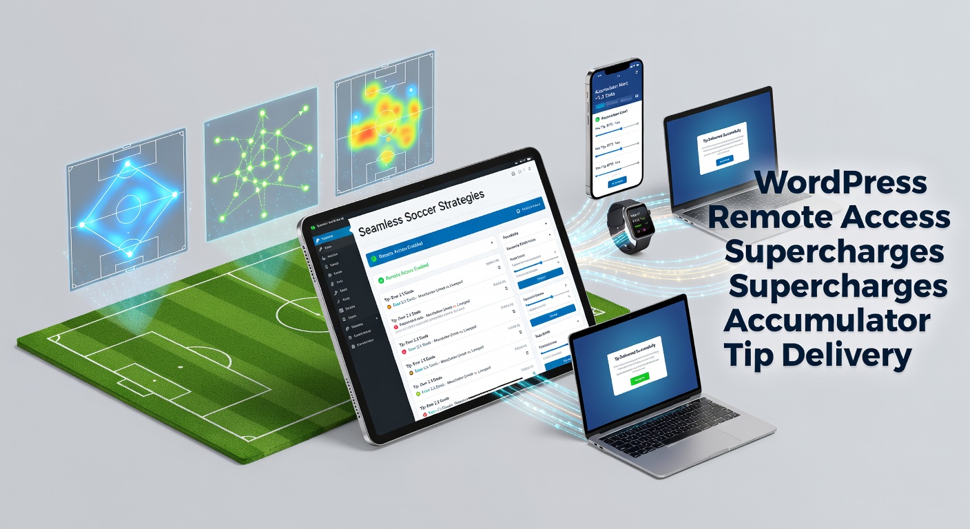 Digital dashboard showing WordPress remote access interface with soccer accumulator tips updating in real-time
