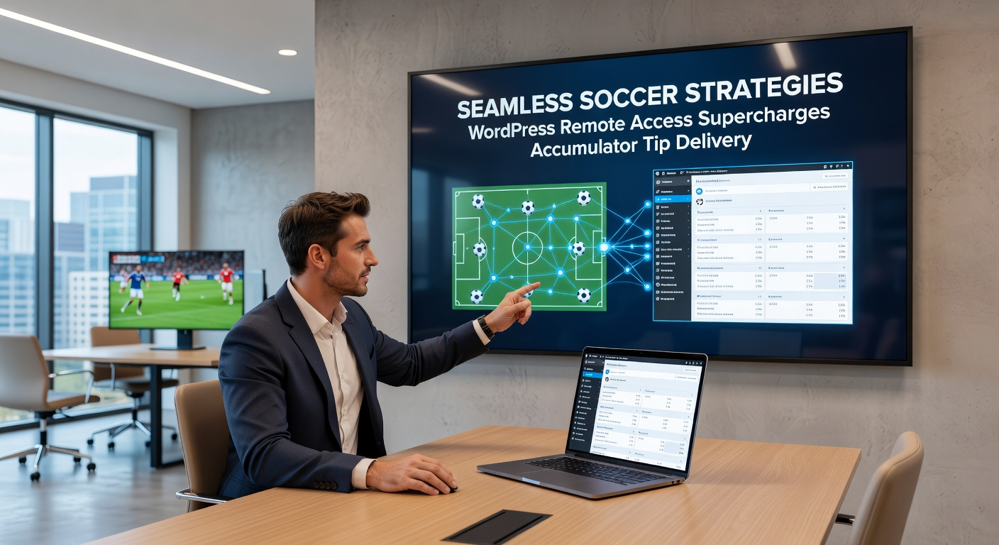 Soccer pitch graphic overlaid with accumulator bet chains and WordPress remote publishing icons