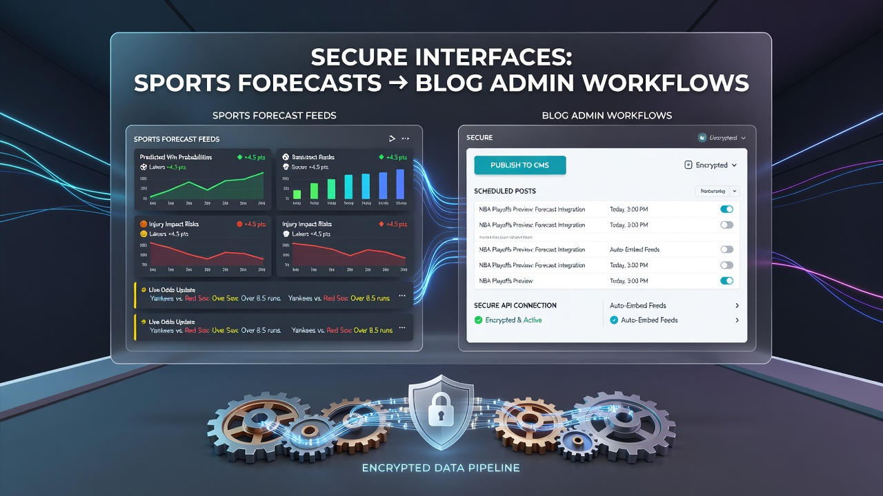Secure interface diagram showing encrypted sports forecast data flow into blog administration dashboard