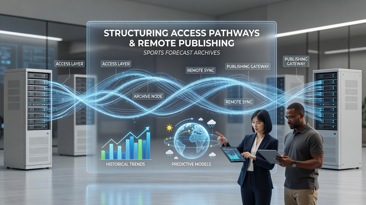 Diagram showing structured access pathways connecting desktop tools to remote sports forecast archive servers via secure protocols