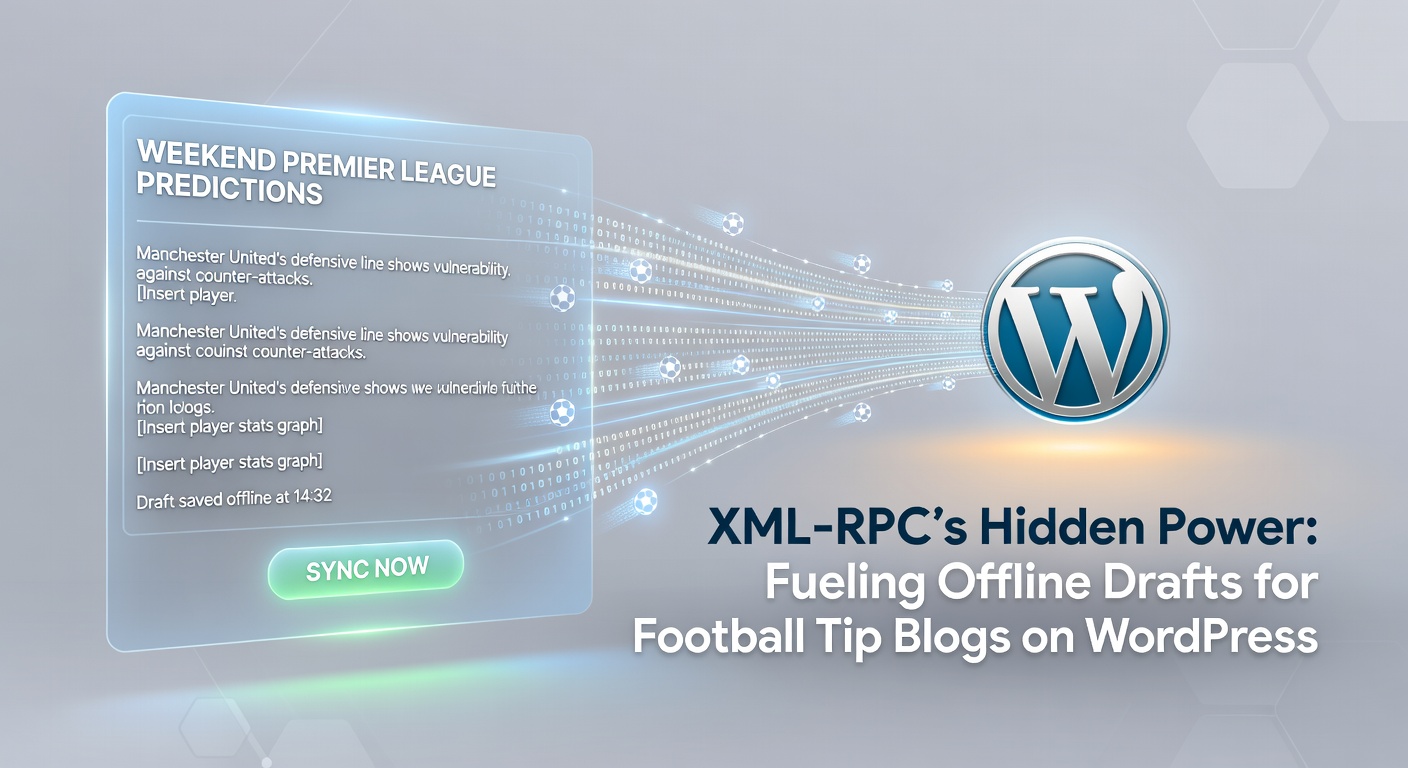 Diagram showing XML-RPC connecting desktop apps to WordPress for seamless offline draft syncing in football blogging